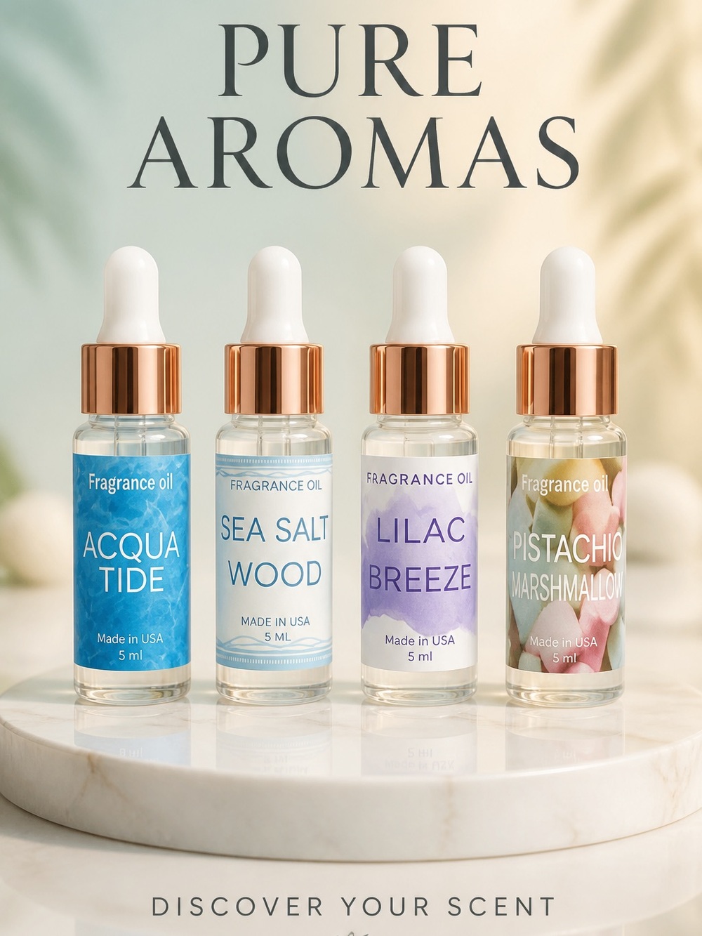 Fragrance Oil 4-Pack | 5ml Dropper Bottles | Acqua Tide, Sea Salt Wood, Lilac